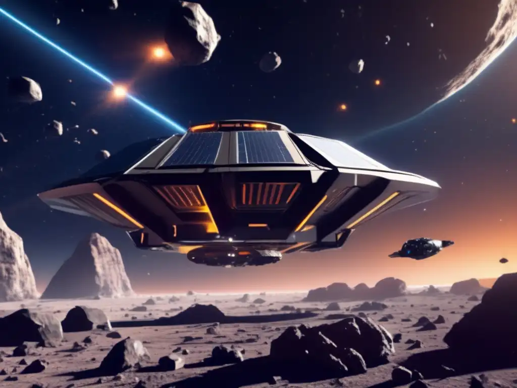 A breathtaking image of a spaceship soaring through an asteroid field, with a variety of sizes and shapes surrounding it