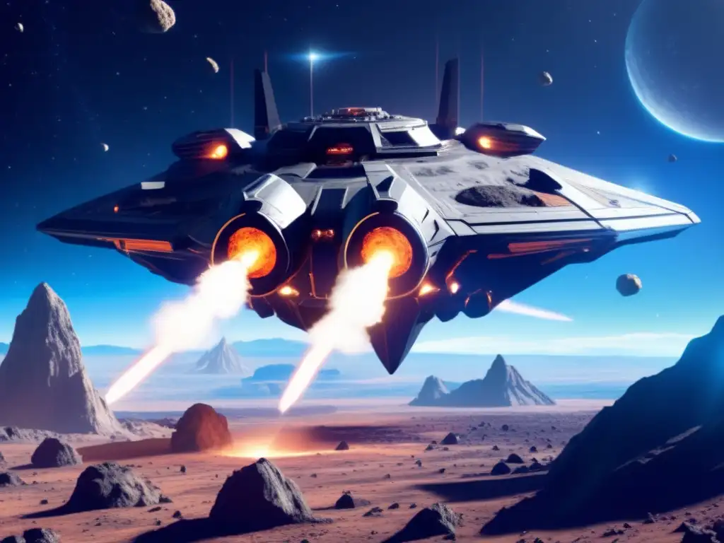 A thrilling photorealistic image of a futuristic space combat scene on a cosmic asteroid destroyer