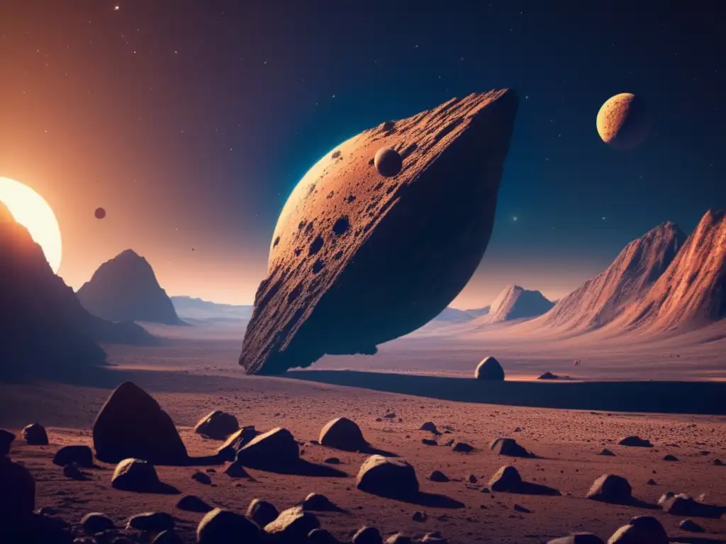 A breathtaking image of a symmetric circular asteroid, surrounded by rocky debris, orbiting a forested and mountainous planet