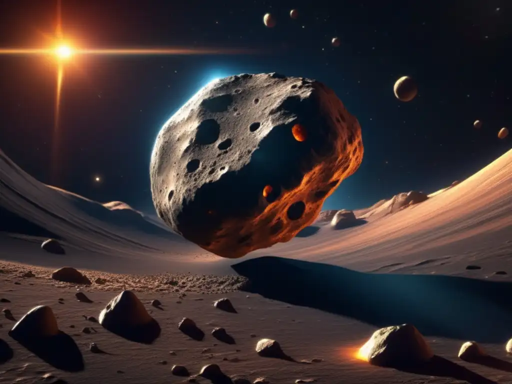 An intricate and stunning photorealistic image of an asteroid's surface, revealing its unique textures, shapes, and colors