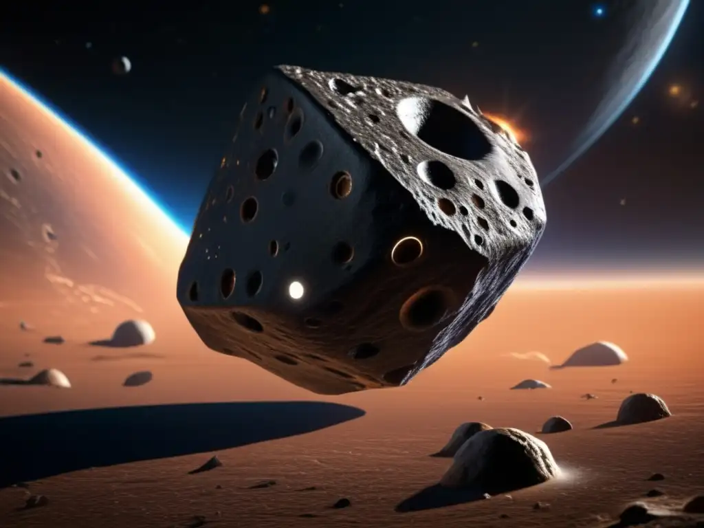 Asteroid Closeup: Ultradetailed Photorealism - 'Mass Effect' Inspired Alt text for a photorealistic image of a closeup of a small asteroid with intricate details, surrounded by attached ring systems and floating debris