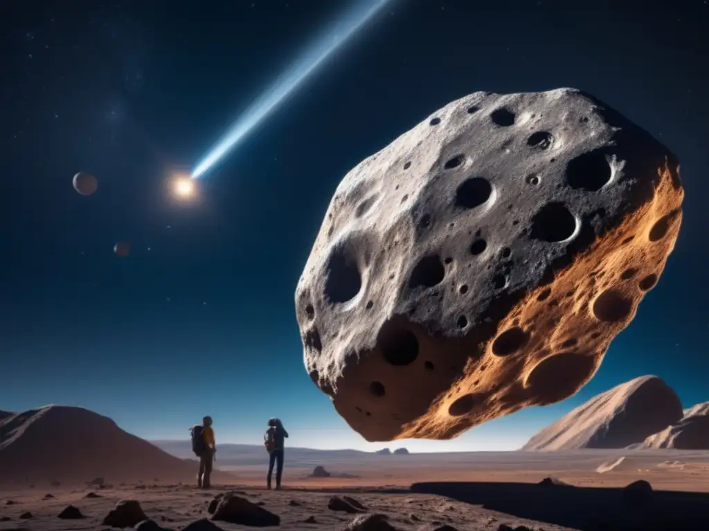 Peer into the depths of space with this stunning image of a colossal asteroid, with a magnified inset revealing its intricate texture and composition