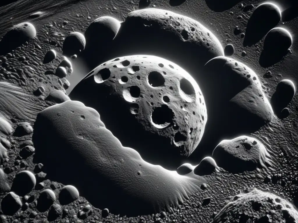 Centered on an asteroid fissure, a high-contrast black-and-white image reveals an individual asteroid