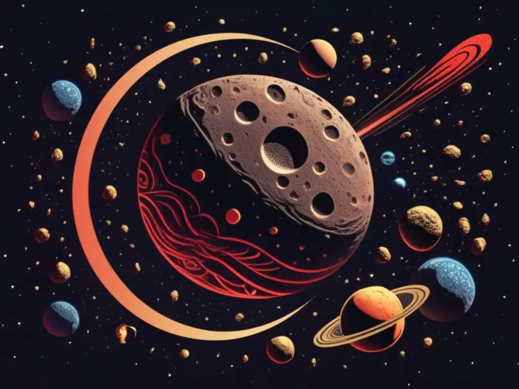 An 8k resolution telescope captures a close-up of a red asteroid's intricate surface, resembling a mythological story