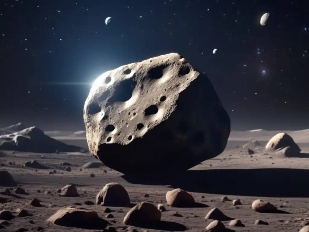 Boldly illuminated asteroid, photorealistic and 8k resolution, craggy pits, animated ridges, boulders bouncing: a celestial spectacle
