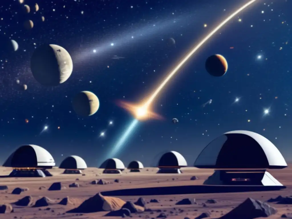 A compelling image of an advanced spacecraft fleet, meticulously scanning the cosmos for asteroid threats