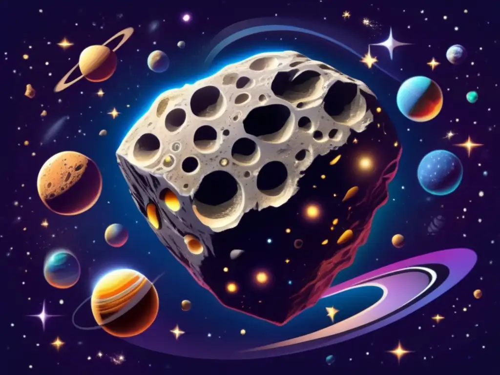 A stunning photorealistic depiction of an asteroid in mid-flight, suspended in a deep and dark space background