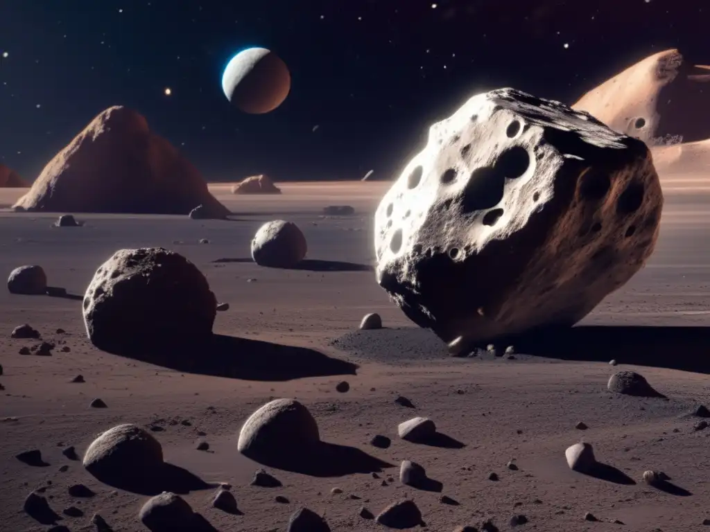 A stunning photorealistic image of a highly detailed asteroid, with prominent craters and debris covering its surface