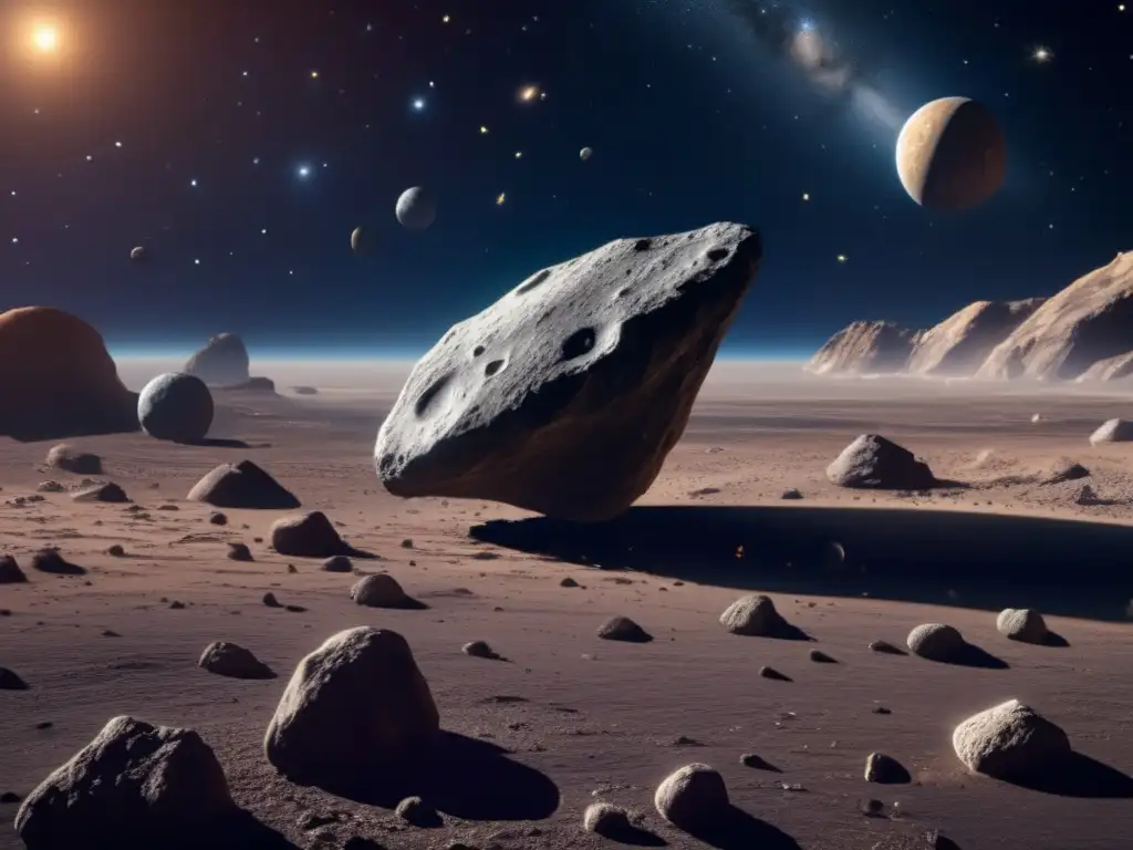 Photorealistic closeup of an asteroid, surrounded by intricate and detailed stars, planets, and galaxies