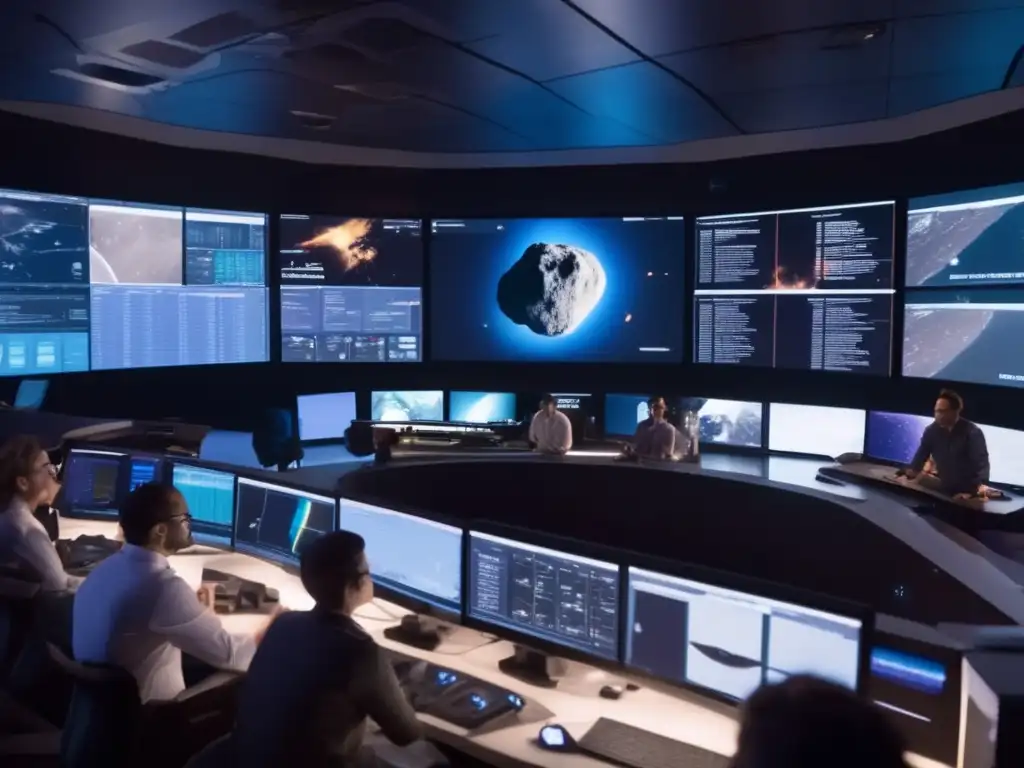 Asteroid Discovery Teams Dive Deep into the Science of Space A stunning photograph captures a group of scientists and engineers in a control room, diligently studying complex maps of asteroids and inputting data
