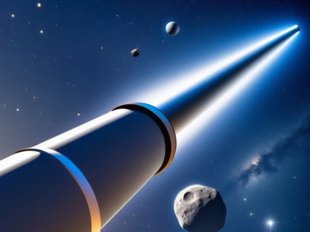 A stunning photorealistic image of a telescope capturing the image of a nearby asteroid in focus