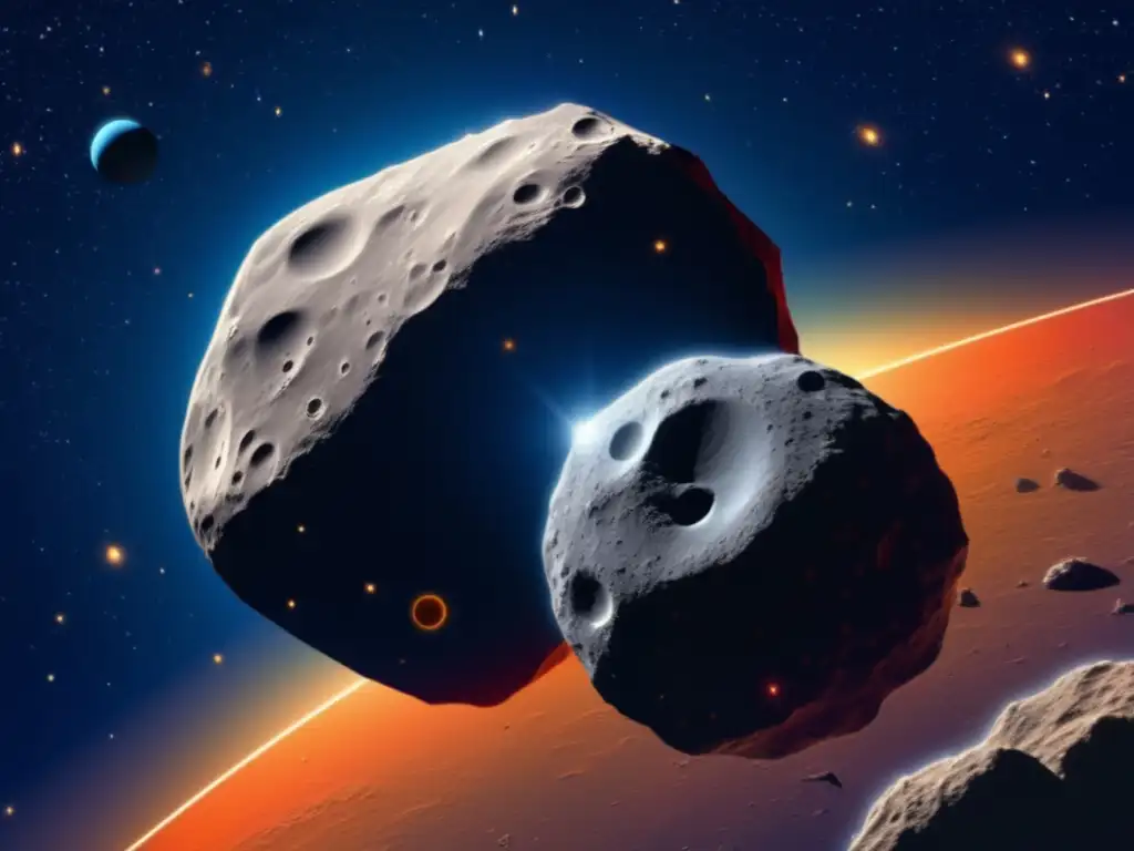 Discovering 1996 PW: A Photorealistic Asteroid Adventure A stunning Photorealistic depicting 1996 PW asteroid's discovery by NASA's IRAS, showcasing intricate details of bumps and ridges against the vast cosmic backdrop with stars, galaxies, and nebulae