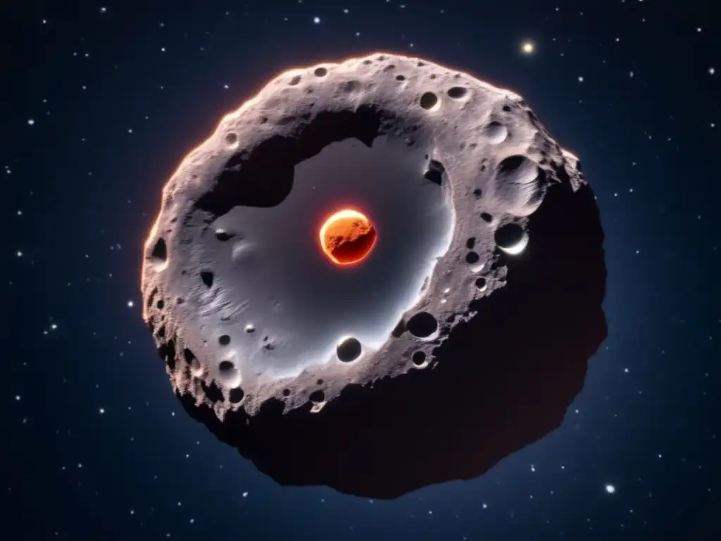 A breathtaking closeup of an asteroid, illuminated by the Dobsonian telescope, appearing as a rocky sphere in the vast blackness of space