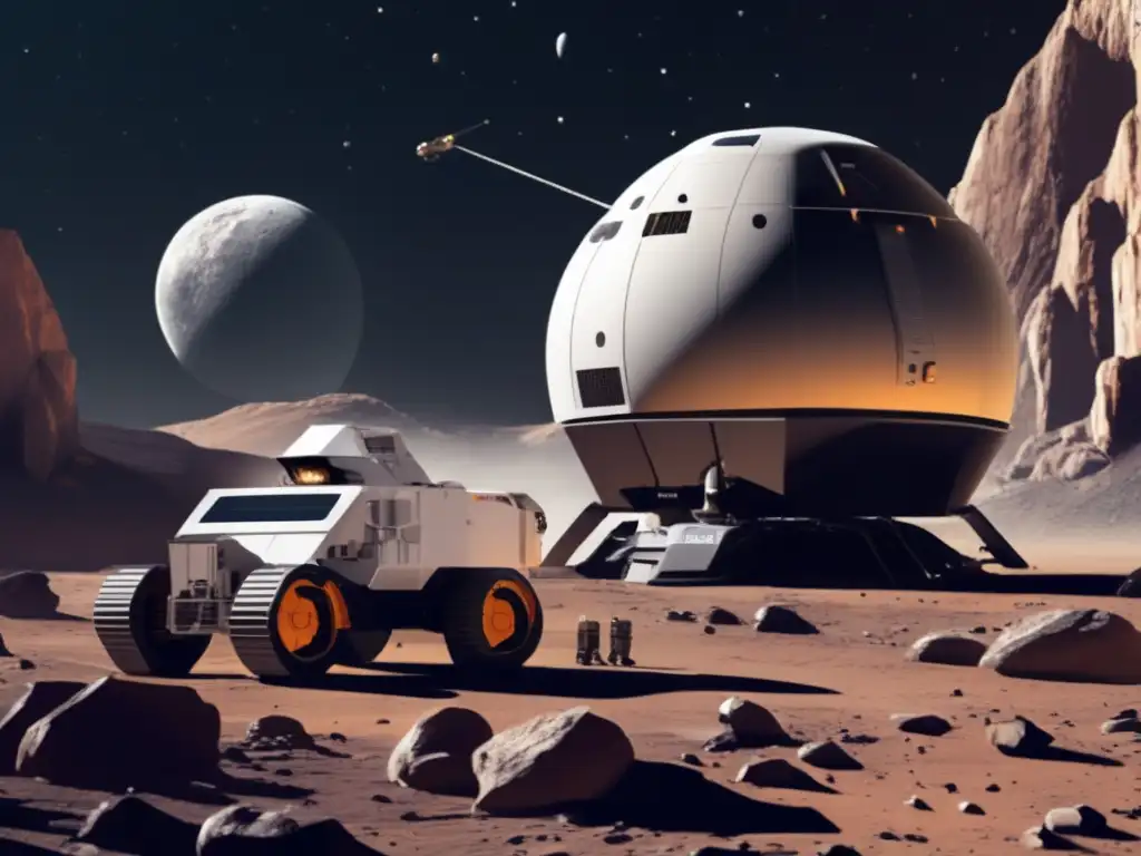 A stunning photorealistic image of a spacecraft docking at an asteroid mining facility