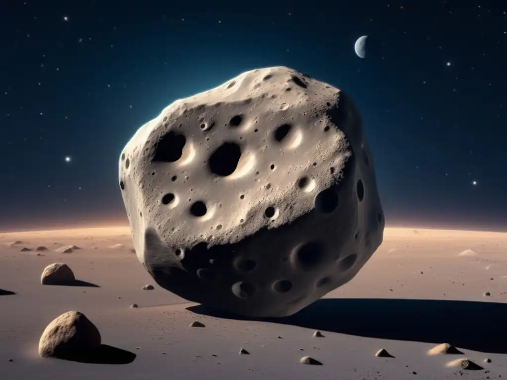 An breathtaking photo-realistic image of Asteroid Dolon, depicted as a dark grey/brown sphere with visible craters, ridges, and valleys