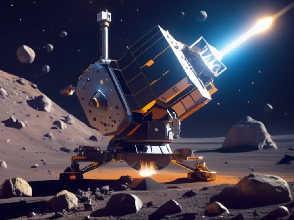 A stunning photorealistic image of a massive asteroid in space, surrounded by vibrant minerals and rocks