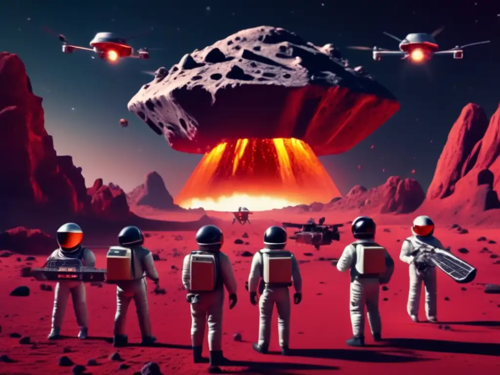 Asteroid Bust: Spacesuit Hero Commanding Drones A photorealistic image of an asteroid surrounded by a group of drones in a retro TV show style, with a human in a spacesuit controlling them