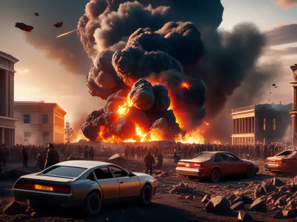 Devastation Unleashed: Asteroid Impact on Earth An asteroid collision with Earth leaves chaos as building collapses, cars burn, smoke and ash rise into the sky, people flee in panic
