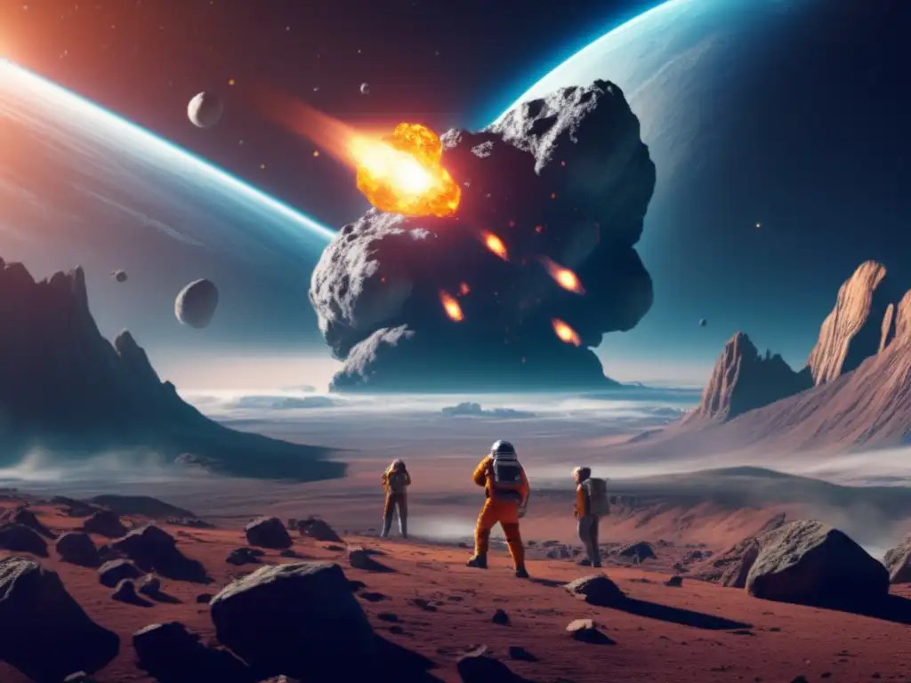 An image of Earth and an asteroid in motion, with a group of scientists diligently working in the foreground