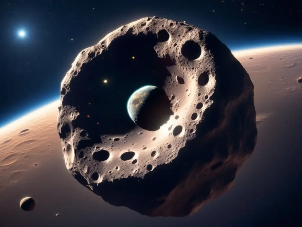Ominous Asteroid Dominates the Serene Cosmos A hauntingly beautiful closeup of an asteroid, showcasing intricate craters and jagged edges in stunning detail