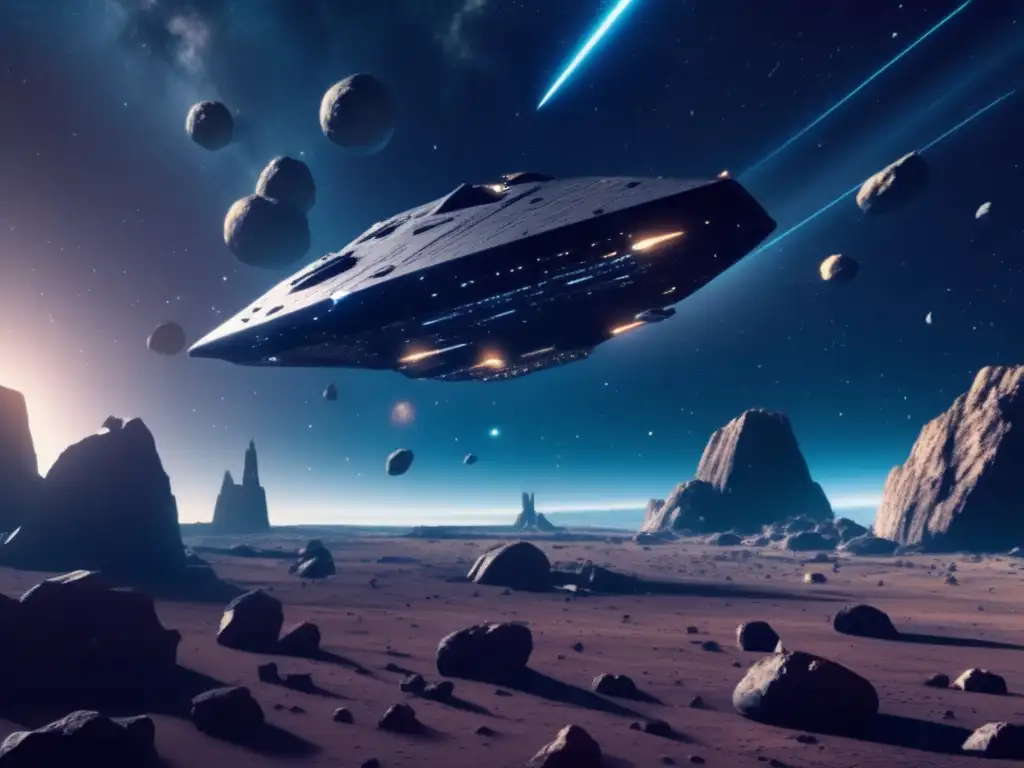 In this photorealistic image, an eloi spaceship slices through a vast, jagged asteroid field