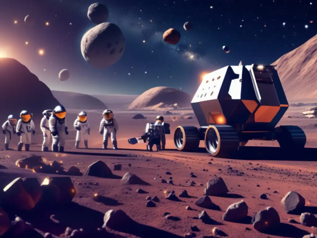 A bustling asteroid mining site, with multiple asteroids drilled into and miners in space suits, surrounded by space debris and stars