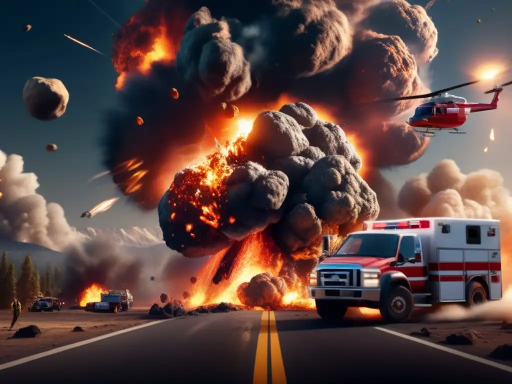 A catastrophic event unfolds: an asteroid collides with Earth's atmosphere, causing a massive explosion that sends sparks, smoke, and ash soaring into the sky