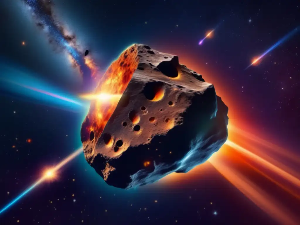 A stunning photorealistic illustration of a large asteroid swirling in space, surrounded by a vibrant and dramatic nebula