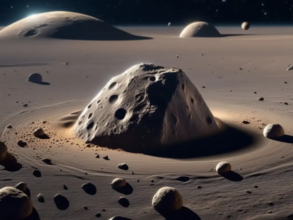 A breathtaking view of the asteroid belt's Epeigeus, revealed in stunning detail showcasing its rugged terrain and celestial forces at work