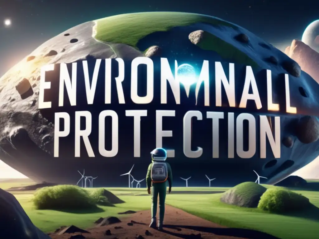 A celestial body takes center stage, a massive asteroid in space, with 'Environmental Protection and Sustainability' etched onto its surface