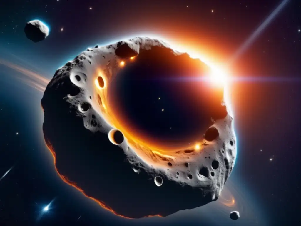 Dash: An alien beauty- Asteroid Euphorbus with jagged pits & ridges, glowing ring, surrounded by dark space with tendrils of gas