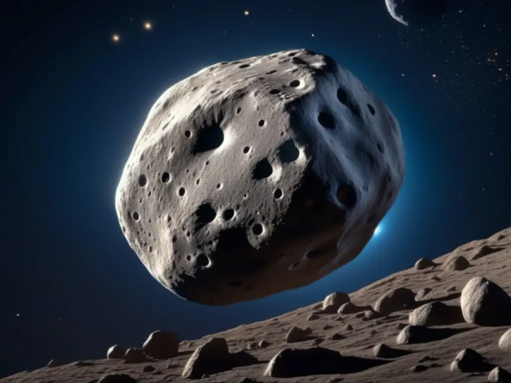 A closeup view of asteroid Eurybates, with intricate surface features such as craters, ridges, and valleys, against a black or dark blue background, highlighting its unique beauty and characteristics