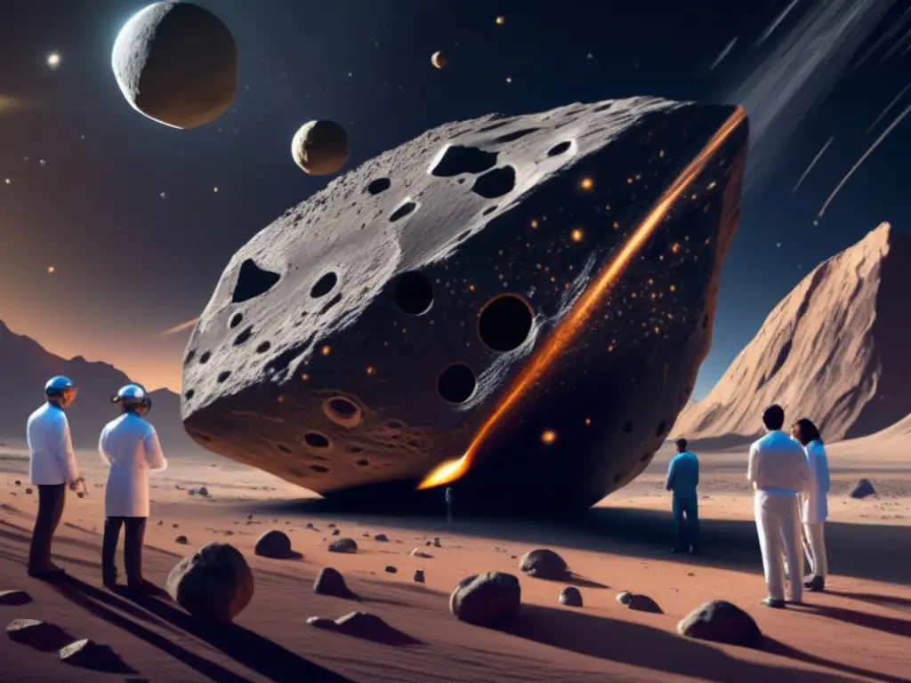 Searching for Origins: A Photorealistic Look at Asteroid Examination A visually stunning photorealistic image of scientists examining a large asteroid with intricate markings and patterns etched onto its surface