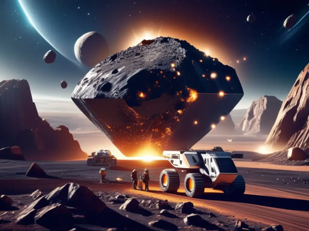 Photorealistic Asteroid Excavation: Futuristic Mining Site Dash: An image of a futuristic mining site where an asteroid is being digested and transported back to Earth