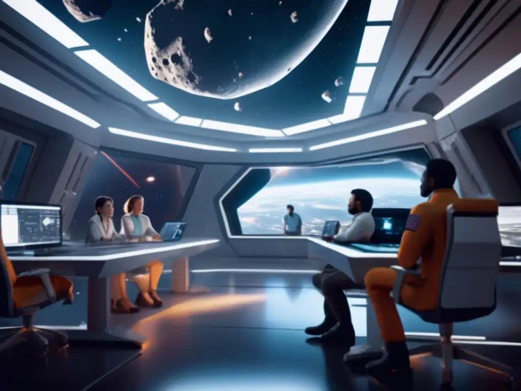 A team of specialists huddle in a high-tech space station, scrutinizing a colossal asteroid fragment through shattered windows
