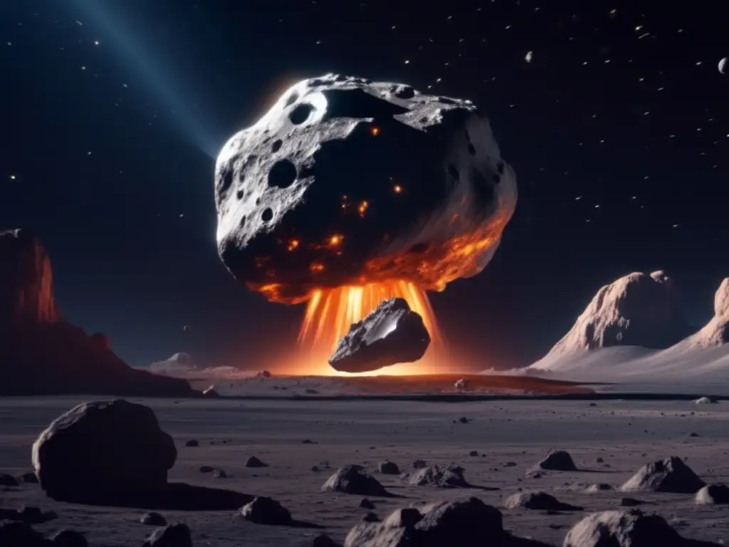 A detailed, photorealistic image of an enormous asteroid in a black void, with a spacecraft zooming in for analysis