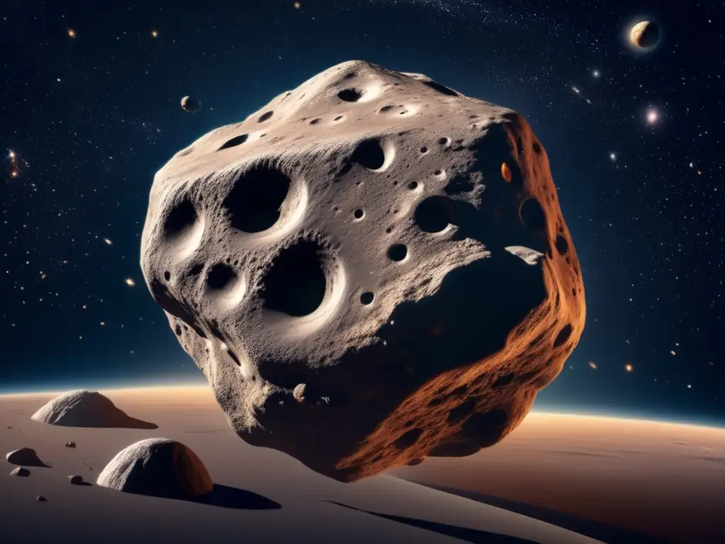 A breathtaking photorealistic depiction of an asteroid, displaying exquisite detail on its surface texture, craters, and trails, against the backdrop of a deep space canvas