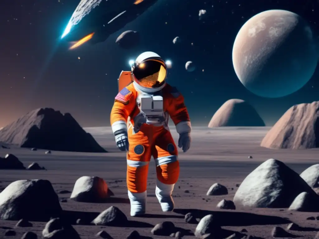A lone astronaut in a spacesuit explores an asteroid's luminescent surface, two spacecrafts glide by in the distance