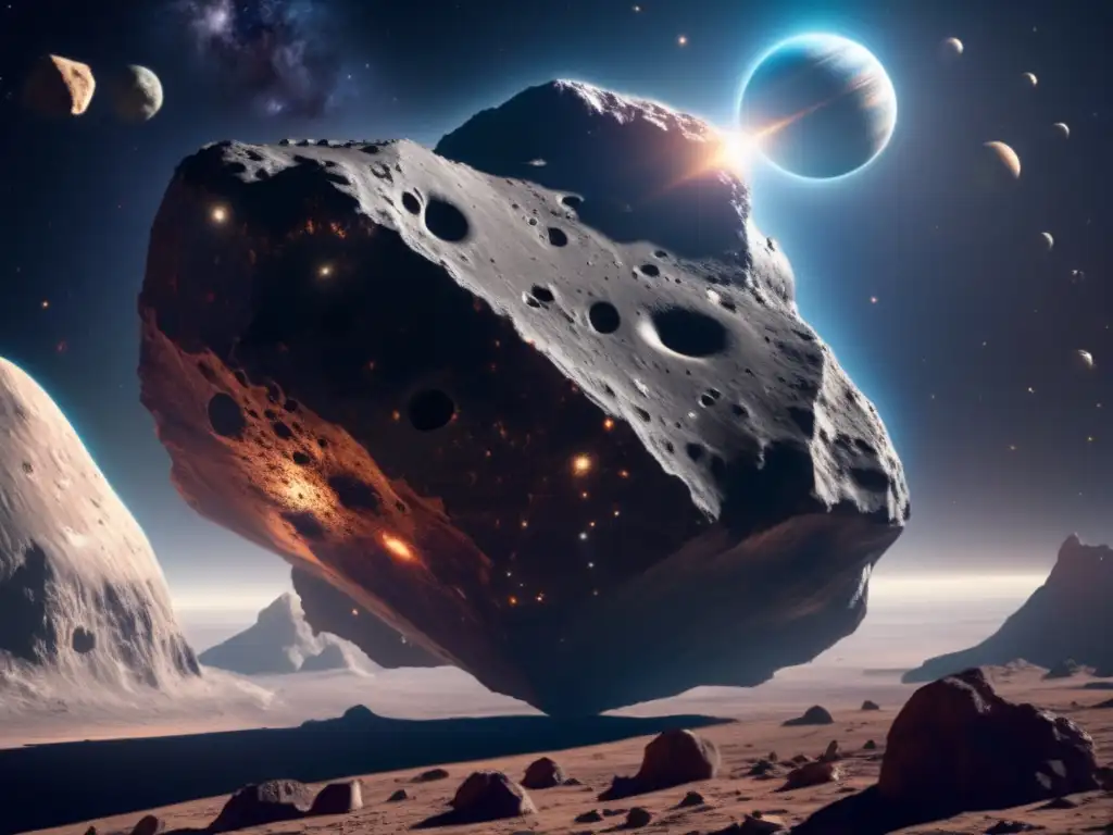 A stunning, high-resolution image of a tumbling asteroid in the vastness of space showcases intricate craters, valleys, and jagged cliffs
