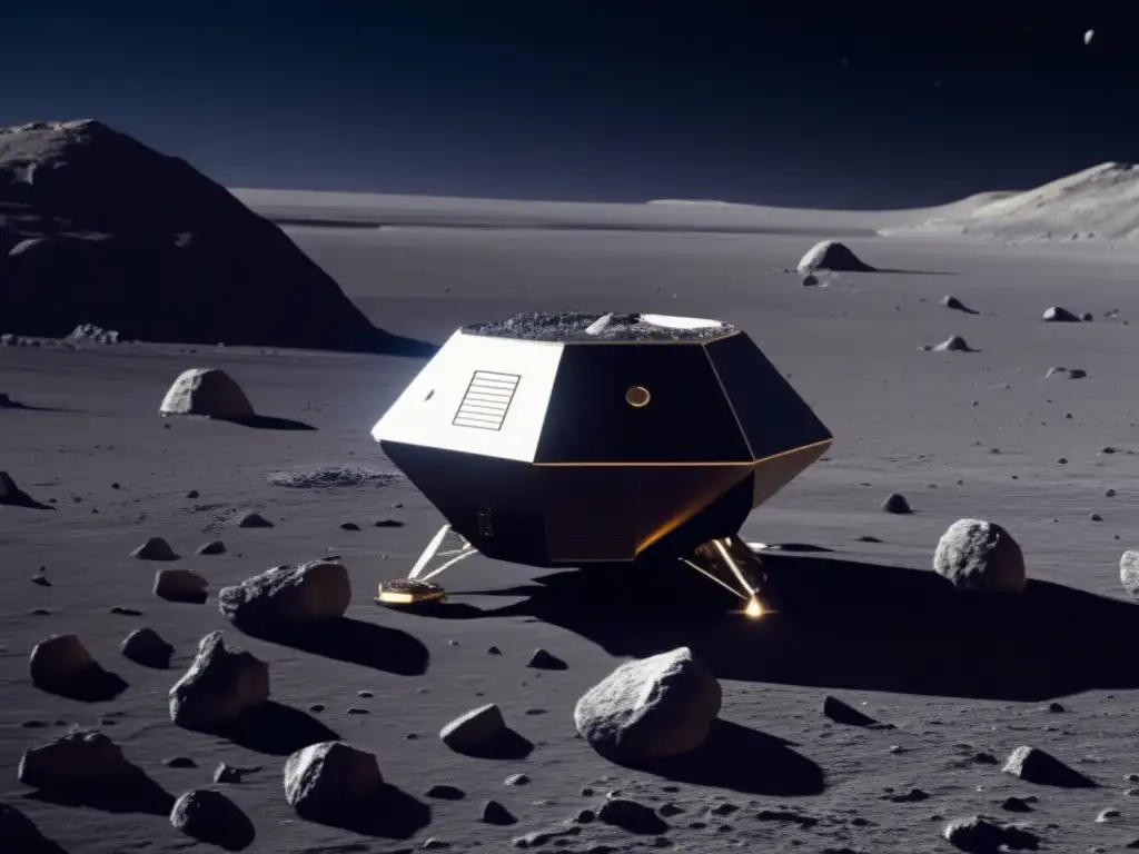 Asteroid exploration: craters, rocks, and scientific instruments glisten in this stunning image of a recently landed module on an asteroid