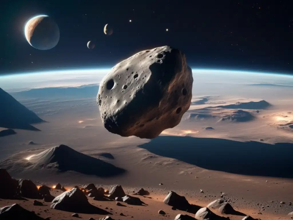 A breathtaking photorealistic image of an asteroid being explored, with attention to details, color accuracy, and lighting