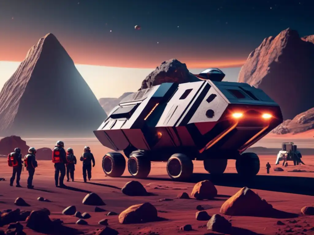 A captivating image of a red asteroid with a spacecraft and explorers suited up, revealing its jagged terrain and iron-rich outer layer