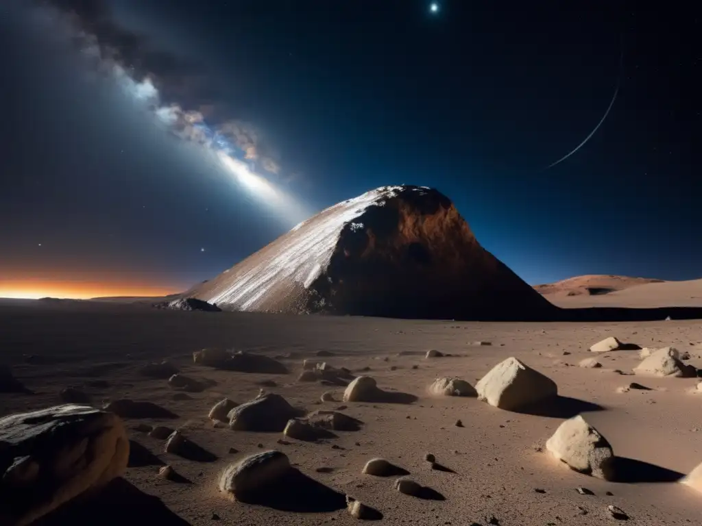 A captivating image of a larger-than-life asteroid, adorned with icy fractures and shimmering details, photographed by an exploration rover delving into the unexplored depths of the cosmos