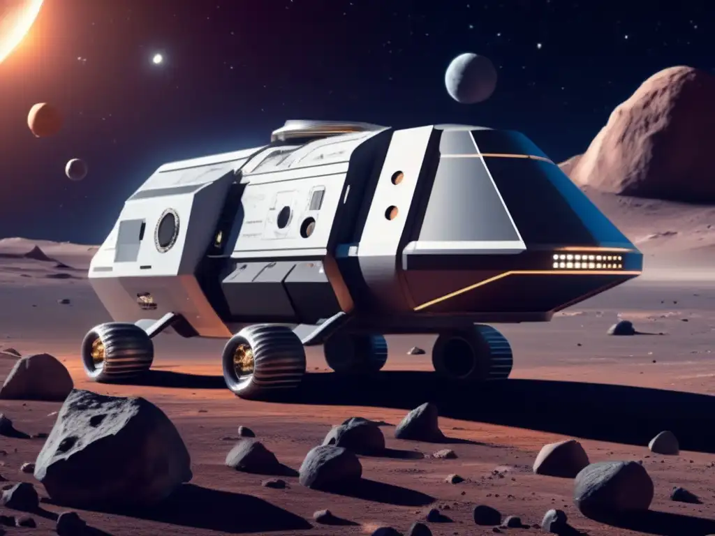 A breathtaking image of a landed starship exploring the heavily detailed asteroid, complete with cutting-edge scientific equipment and tools