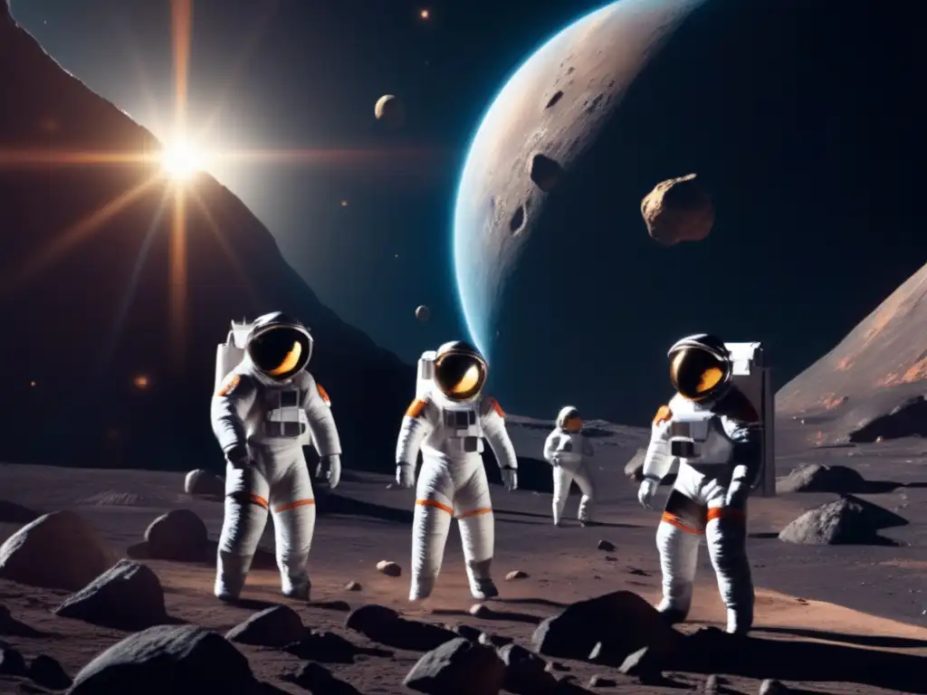 Dash: #Exploration - a crew in space suits, exploring an asteroid's surface under the glare of a distant sun, casting long shadows