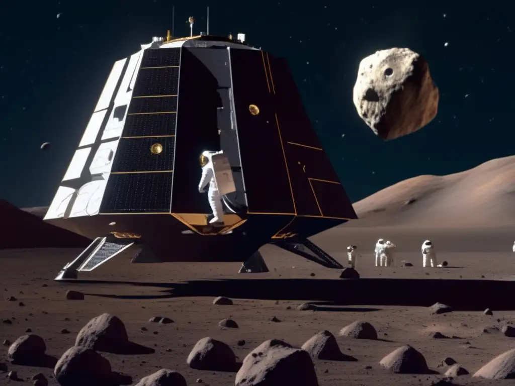 A stunning and highly detailed image of an asteroid explorer spacecraft on Asteroid Polyxena's surface, surrounded by the jagged asteroid terrain and blotched with rocks and craters