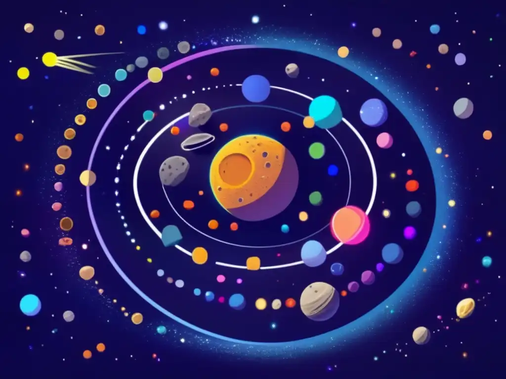 A photorealistic depiction of asteroid families in space, with varying shapes, sizes, and textures, including craters and ridges