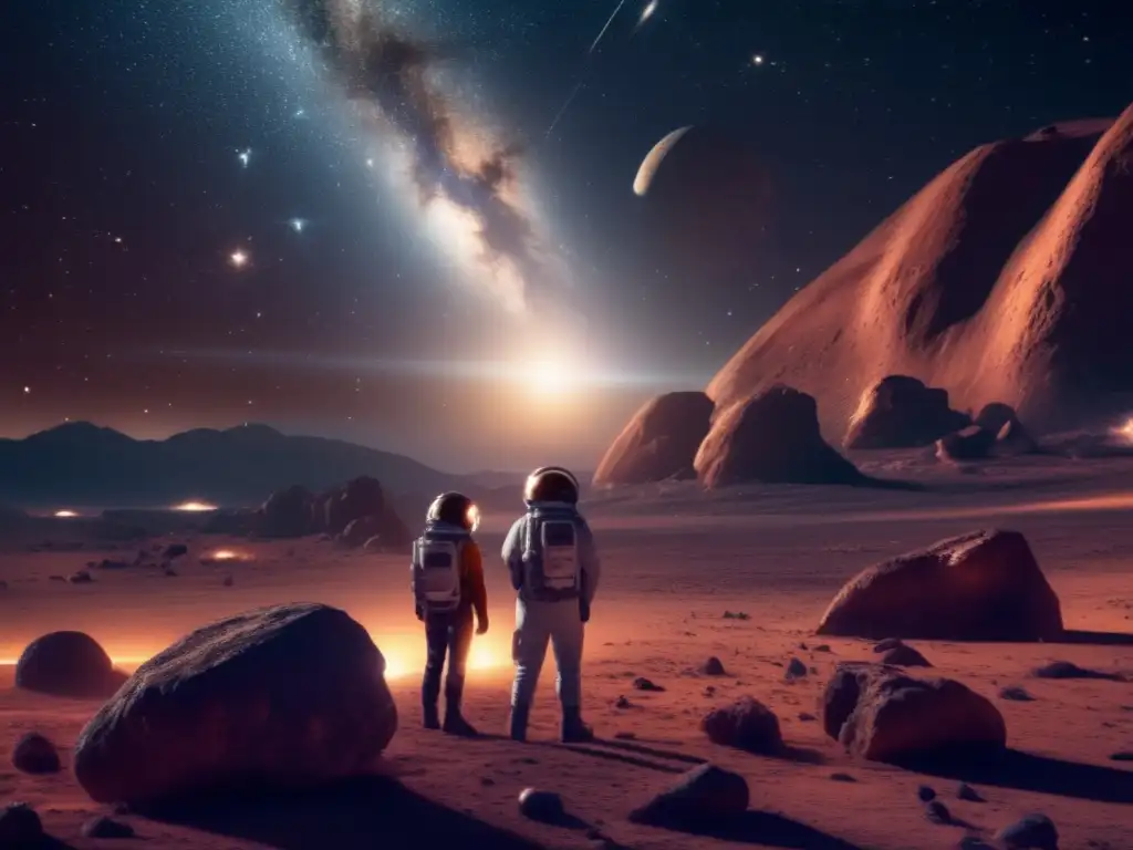 A stunning deep space rendering, with asteroid families scattered across the galaxy