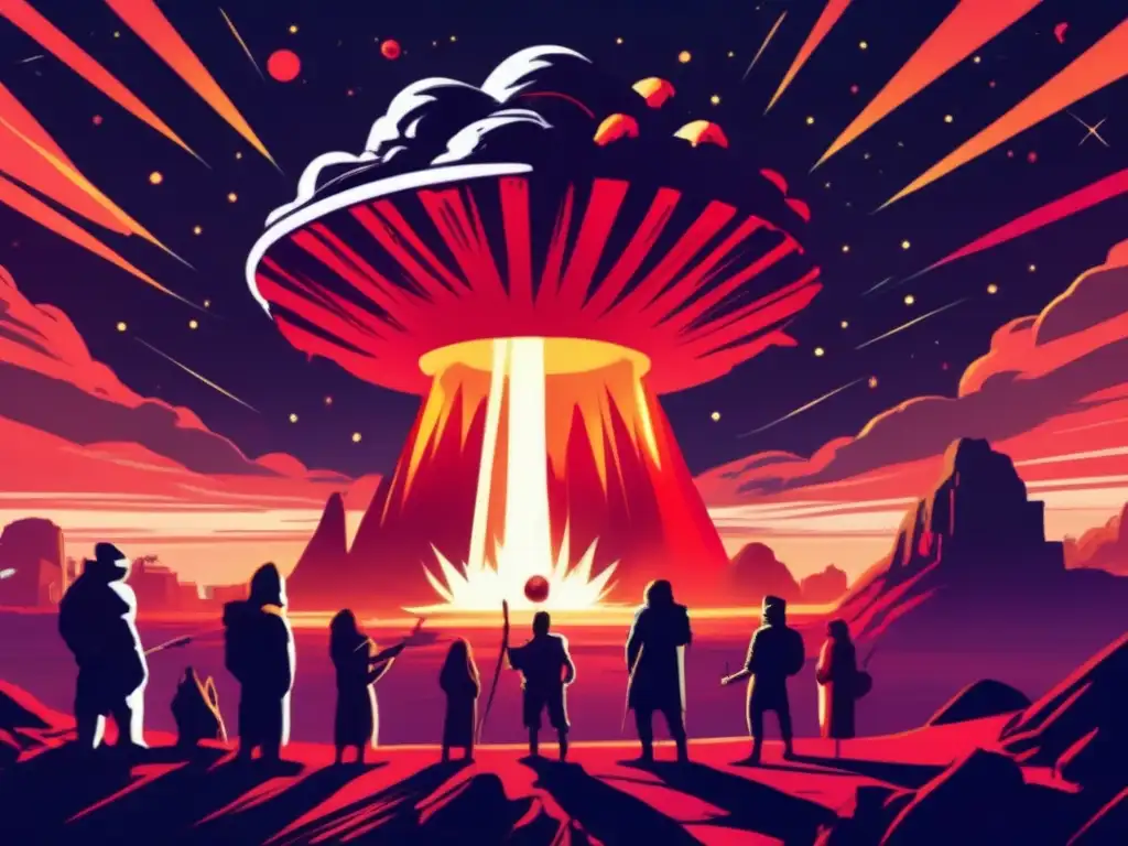 Asteroid Looms over Ancient People, Spaceship soars through sunset sky Daring spacecraft approaches fiery asteroid as terrified ancient people huddle, their faces filled with awe and fear