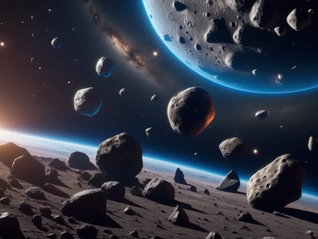 A photorealistic image of a complex asteroid field floating in a dark space, with the asteroids varying in shape and size
